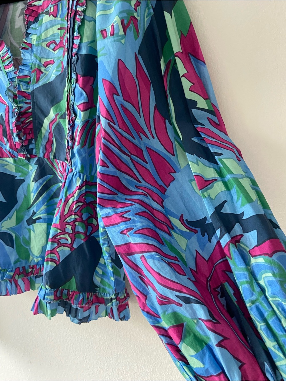 Love the Label Tropical Print Ruffle Blouse Top Boho Puff Sleeve Size M - Picture 6 of 13